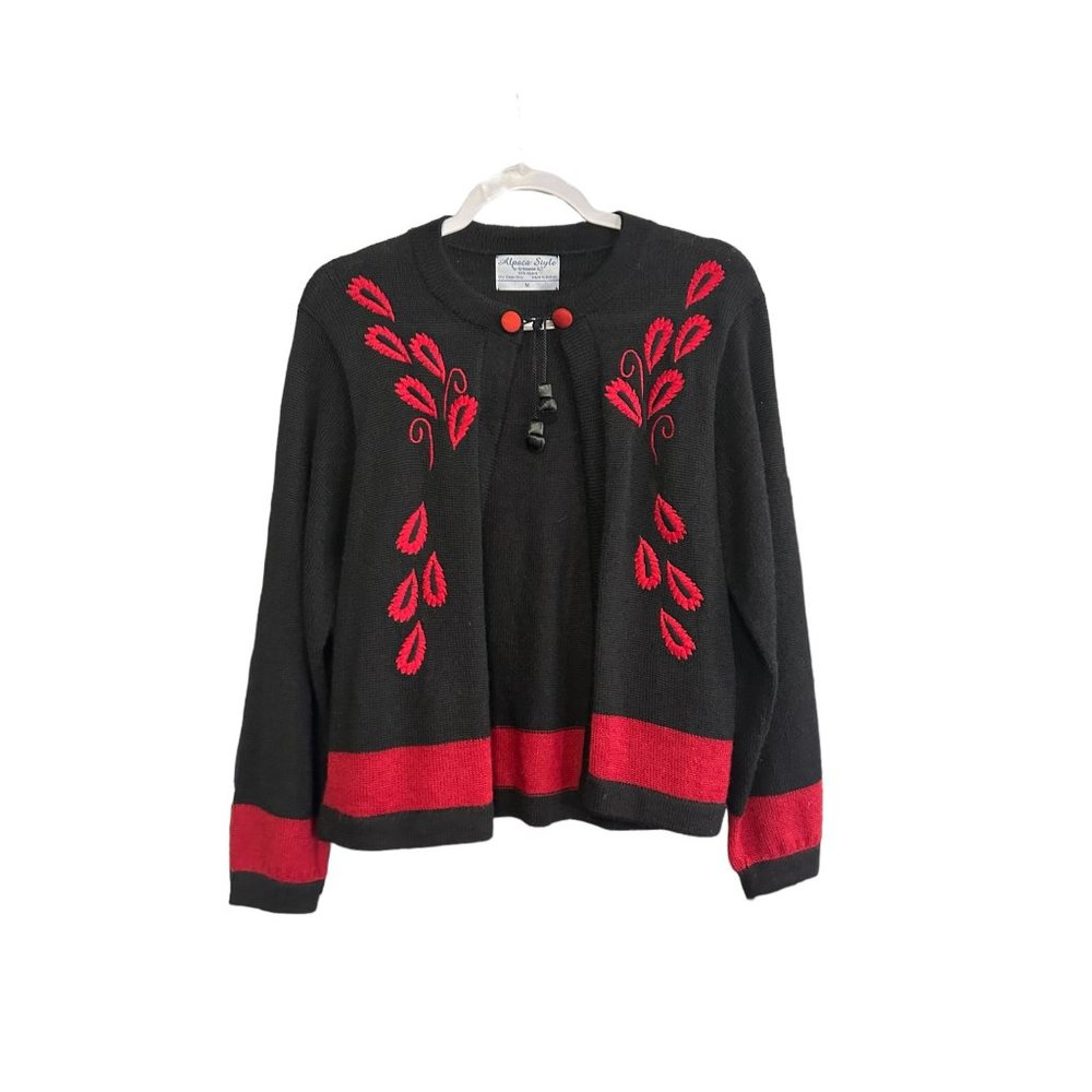 Vintage Alpaca Sweater Womans Medium‎ Embroidered Leaf Floral Cardigan Black